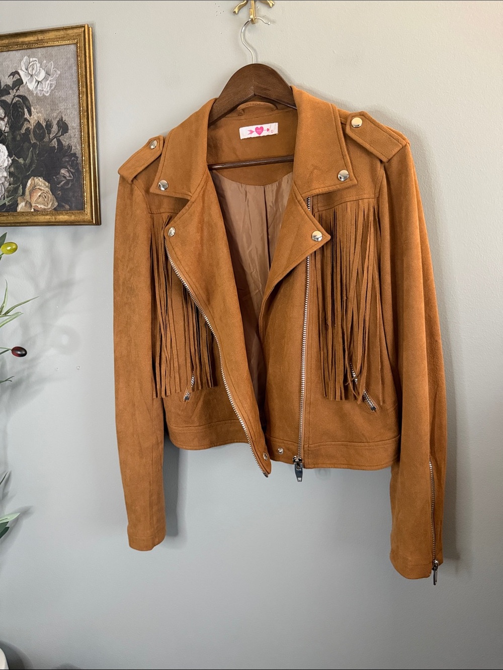 Buddy Love Francesca Camel Faux Suede Fringe Moto Jacket Western Boho Large - Picture 8 of 8